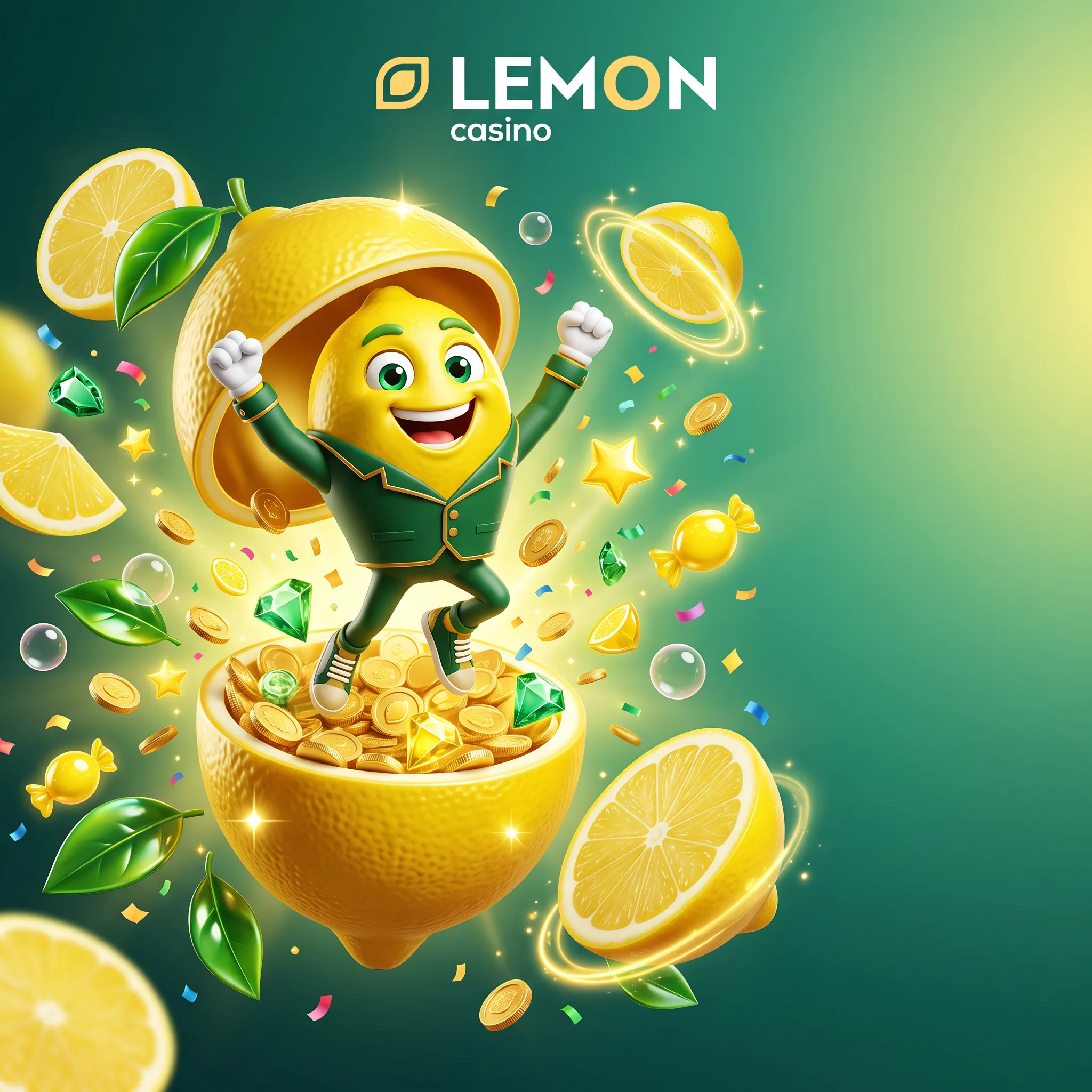 Maskotka Lemon Casino w połówce cytryny, wśród monet, klejnotów i liści.