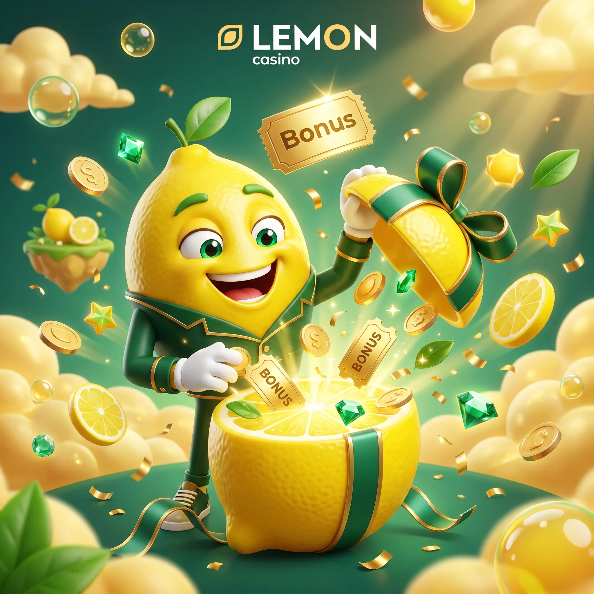 Maskotka Lemon Casino otwiera prezent z napisem Bonus.