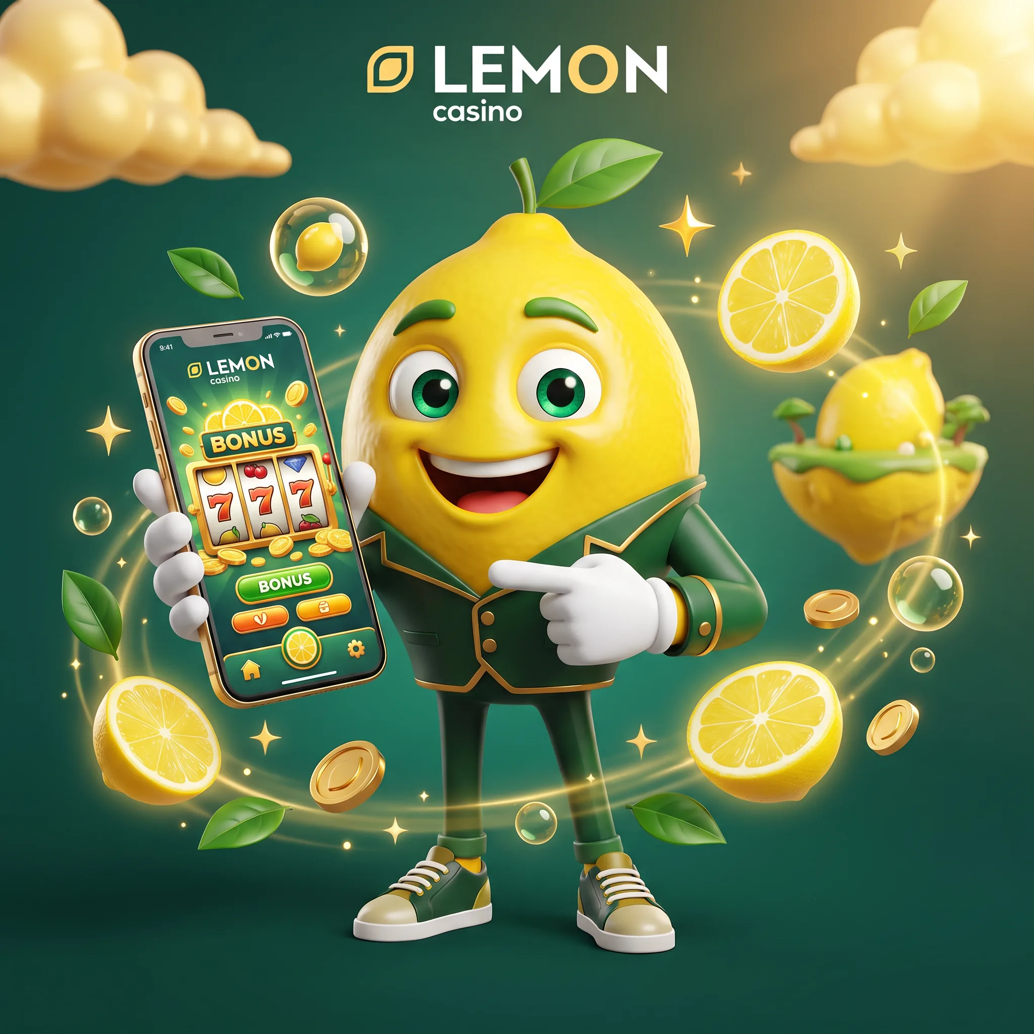 Maskotka Lemon Casino pokazuje telefon z mobilnym lobby i przyciskami bonusu.