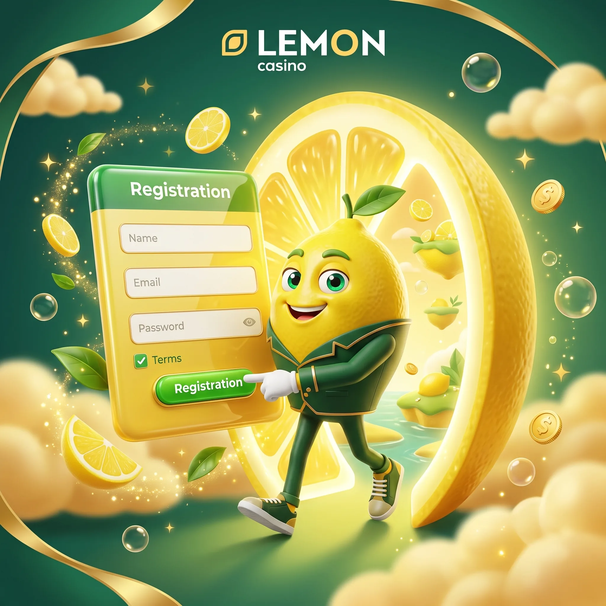 Ilustracja formularza rejestracji Lemon Casino obok maskotki marki.